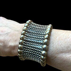 Large Silver Statement Bracelet Bubble Braid Details Stretch